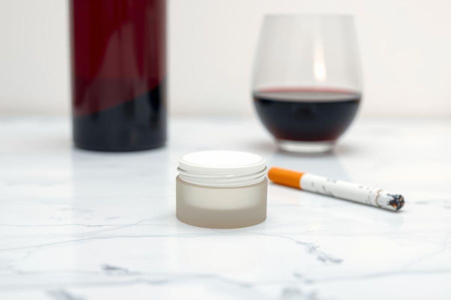 Close-up of a small jar, cigarette, and glass of red wine on a marble surface. Focus on textures and details. Soft lighting. Lifestyle image.
