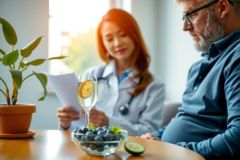 Doctor consults patient, reviewing documents. Healthy food, including fruit, is visible. Natural light and a warm color palette create a welcoming medical environment.