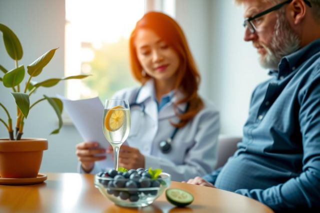 Doctor consults patient, reviewing documents. Healthy food, including fruit, is visible. Natural light and a warm color palette create a welcoming medical environment.