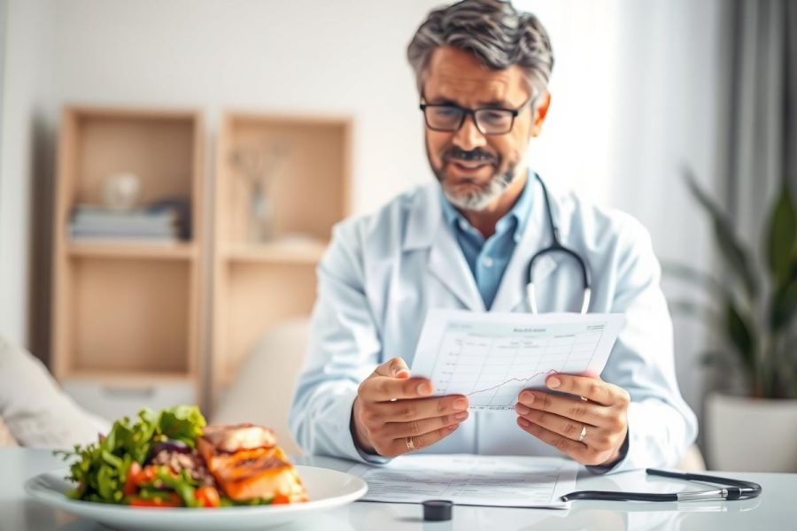 A male doctor in a white coat and glasses reviews medical charts while a healthy salmon salad sits on a table nearby. The bright, modern office setting suggests a focus on nutrition and patient wellness. Keywords: doctor, healthcare, nutrition, salad, medical, wellness, chart.