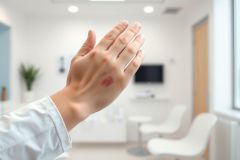 Close-up of a hand with a red mark, possibly a burn or rash, in a modern, brightly lit waiting room setting. White walls, chairs, and a blurred TV in the background. Healthcare, injury, or medical concept.