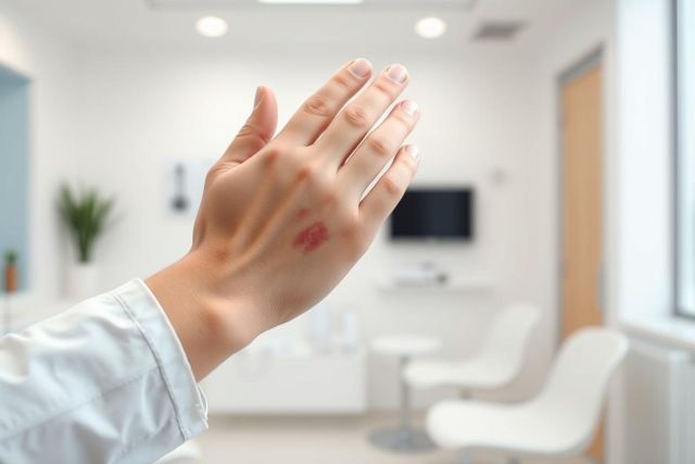 Close-up of a hand with a red mark, possibly a burn or rash, in a modern, brightly lit waiting room setting. White walls, chairs, and a blurred TV in the background. Healthcare, injury, or medical concept.