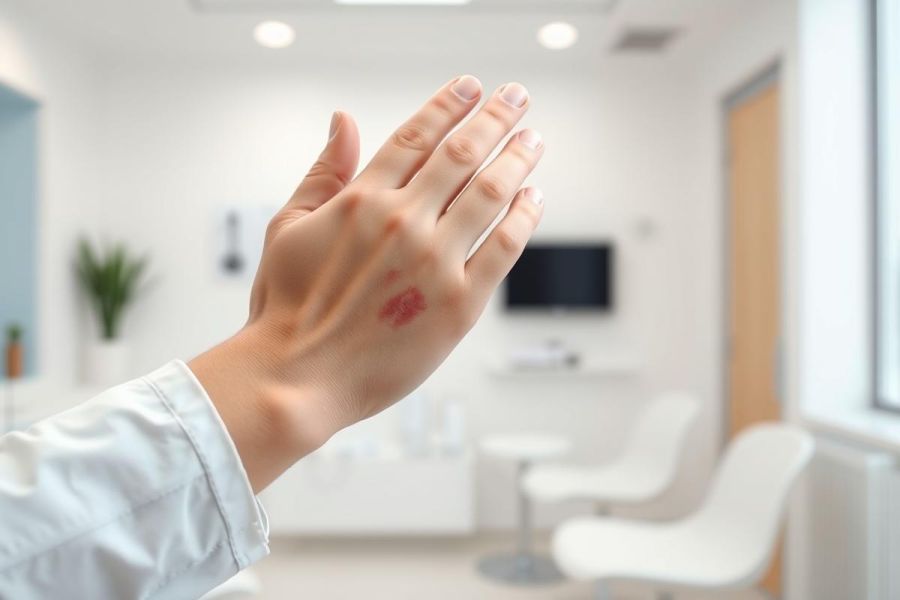 Close-up of a hand with a red mark, possibly a burn or rash, in a modern, brightly lit waiting room setting. White walls, chairs, and a blurred TV in the background. Healthcare, injury, or medical concept.