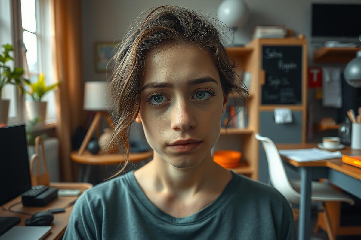 The image portrays a woman seated in a home office setting, looking towards the camera with a serious expression. The room has wooden furniture and various items on shelves suggesting she might be engaged in work or study.