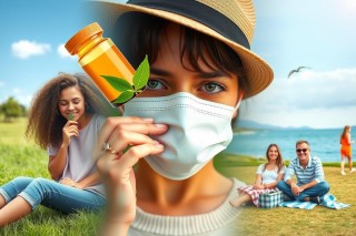 The image is a collage of various photographs, each featuring people in different settings. In the center, there's an overlay of a woman wearing a face mask and holding a bottle of medicine, with the text 'Essential' visible next to her. The background includes a sunny beach scene with palm trees, a family sitting together outdoors on a grassy area, and other individuals engaged in various activities. The color palette is bright and varied, and the style of the image suggests it may be used for promotional or informational purposes related to healthcare products or services.