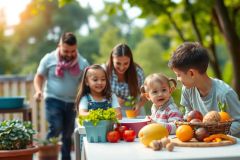 A group of people, including both adults and children, gathered around a table filled with fresh fruits and vegetables. They are enjoying the outdoor garden setting under sunny weather. The scene depicts a joyful atmosphere with healthy food options in abundance.