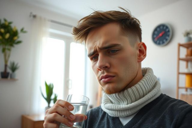The image features a young man with a puzzled expression, holding a glass of water to his lips. He is indoors, wearing a dark turtleneck sweater and appears to be in a room with natural light filtering through. The scene is casual and seems to capture an everyday moment.