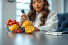Close-up of fresh fruit (oranges, strawberries, blueberries) and a supplement packet on a table. Shallow depth of field, with a blurred woman in the background. Healthy food and wellness concept.