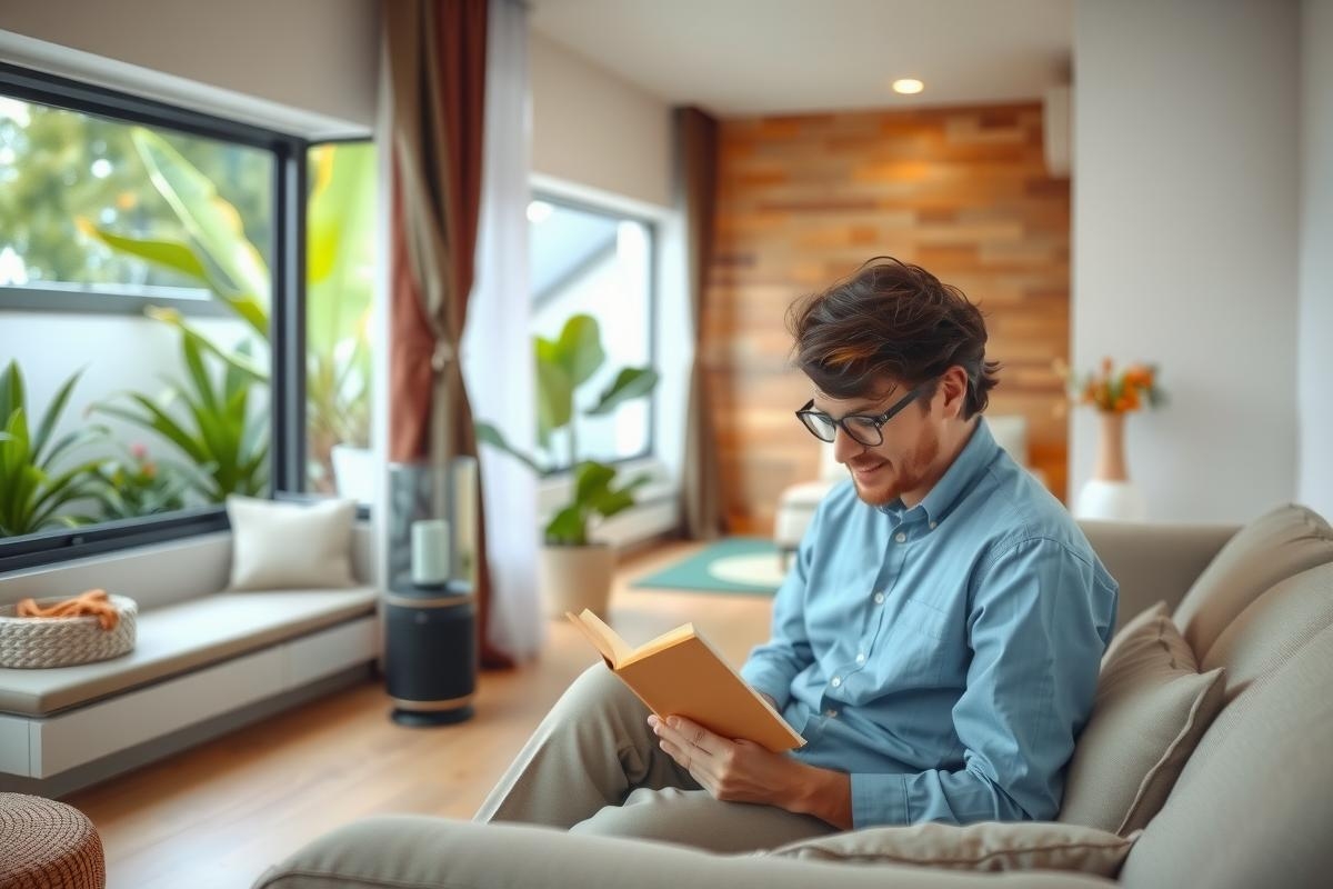 Man sitting on sofa in modern living room, reading book, casually dressed in blue shirt and glasses, with large picture window offering view of tropical plants outside.