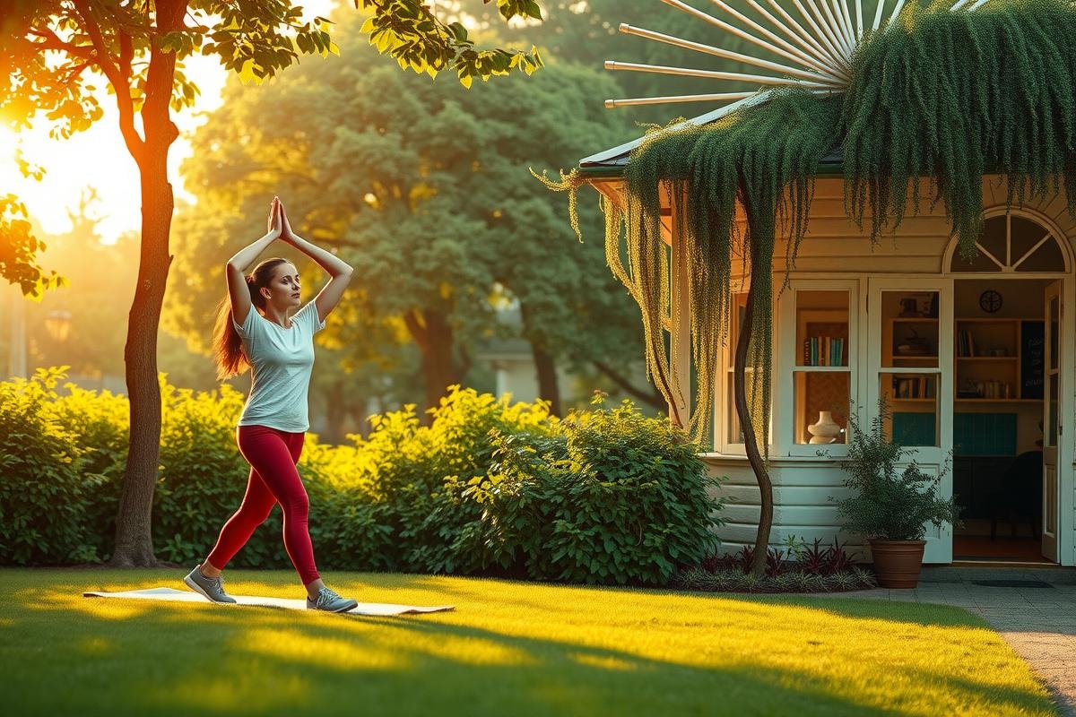 The image depicts a woman practicing yoga in an outdoor setting during sunset. The woman is wearing red leggings and a white top, and she is positioned on a yoga mat with her hands raised over her head, signifying a pose of gratitude or celebration.