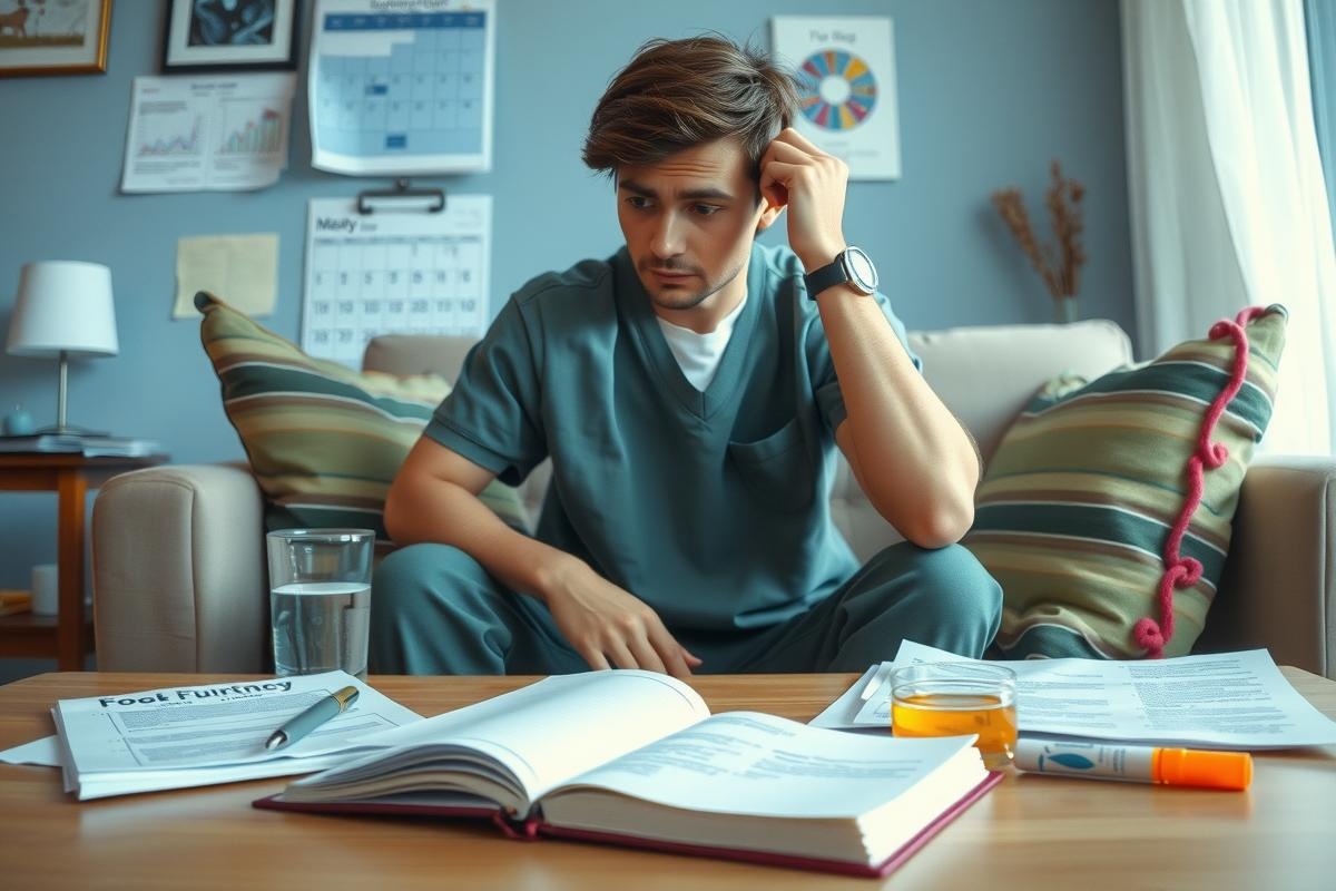 A young man in a nurse's uniform is seated at a cluttered desk, appearing to be studying or reviewing medical material. The room has a homely feel with a couch and various books scattered around.