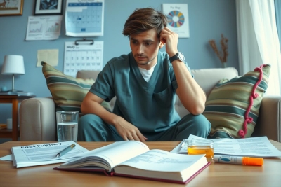 A young man in a nurse's uniform is seated at a cluttered desk, appearing to be studying or reviewing medical material. The room has a homely feel with a couch and various books scattered around.