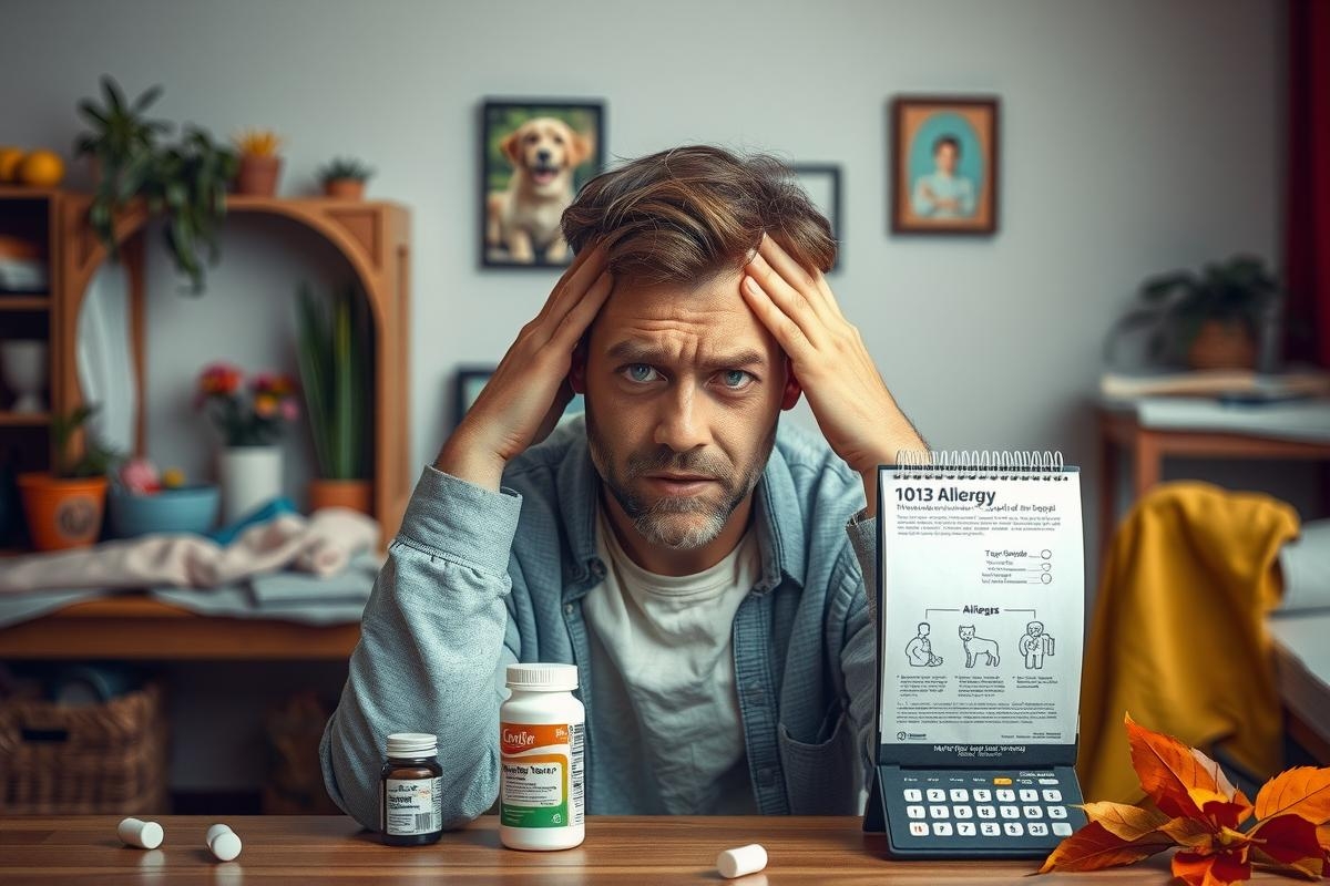 The image depicts a man in an indoor setting, holding his head as if he's experiencing a headache or frustration. He is surrounded by various items on the desk such as bottles that could be medication, papers with text, and possibly some decorative elements. The color palette of the image includes muted tones with browns, grays, and hints of green from the plants, contributing to a calm yet concerned atmosphere.