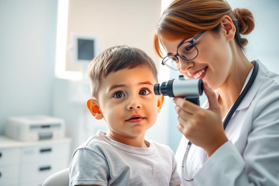 Doctor examining a young boy's ear in a bright, modern clinic. The pediatrician uses an otoscope during a checkup. Image features a smiling healthcare professional and child, showcasing pediatric care and medical examination in a warm, inviting environment.