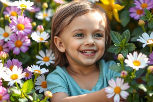 A young girl with long blonde hair is smiling and laughing while standing among a vibrant array of colorful flowers, including pink, yellow, and white petals. She's wearing a green top and appears to be enjoying her time in the garden or flower field. The image has a joyful and playful atmosphere that captures the innocence and delight of childhood.