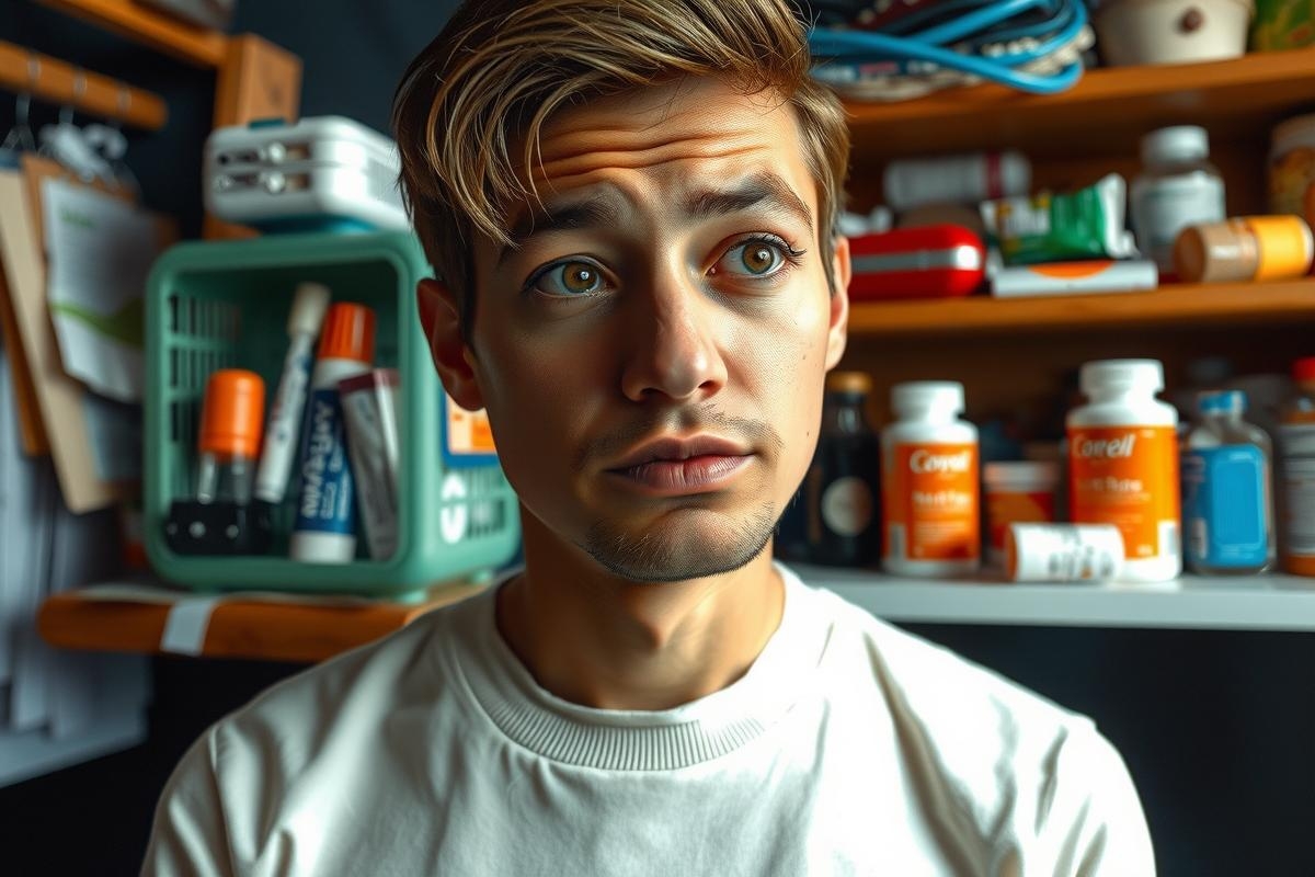 A young man with blonde hair sits amidst a cluttered room filled with various items. He wears casual clothes and looks directly at the camera, evoking a sense of being photographed or interviewed in an informal setting.