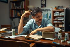 The image shows a man in an office setting, seated at a cluttered desk with various items such as books, papers, and prescription bottles scattered around him. He appears to be deep in thought or frustration, with his hand on his forehead in a gesture that suggests confusion or worry.