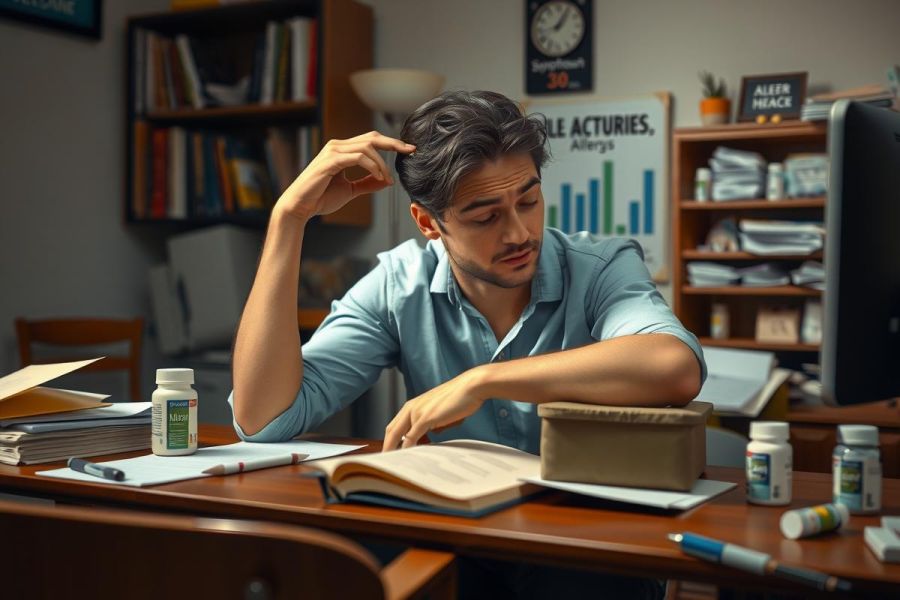 The image shows a man in an office setting, seated at a cluttered desk with various items such as books, papers, and prescription bottles scattered around him. He appears to be deep in thought or frustration, with his hand on his forehead in a gesture that suggests confusion or worry.