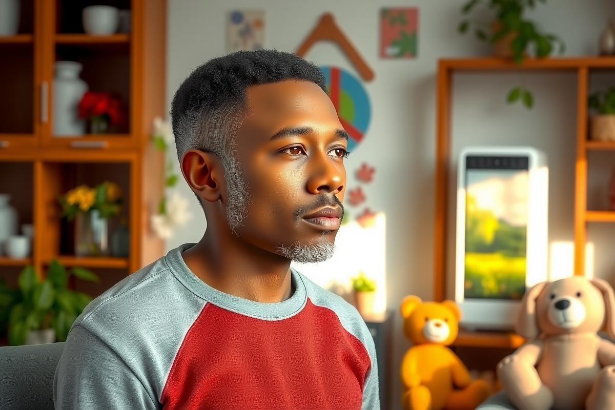 The image features a man sitting in what appears to be an office or home setting. He is wearing a grey and red shirt, and has a beard. The man is looking directly at the camera with a neutral expression.