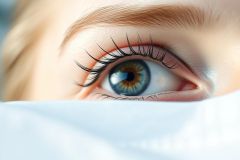 Close-up of a striking blue and green eye with long dark eyelashes and a well-defined eyebrow. The eye is partially obscured by a white fabric, creating a soft, intimate portrait. Focus on detail and beauty, conveying a sense of clarity and emotion.
