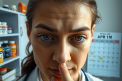 This image depicts a woman in what appears to be a clinic setting. She has a serious expression on her face and looks directly at the camera. The background includes shelves displaying various items that could be related to healthcare or personal care products.