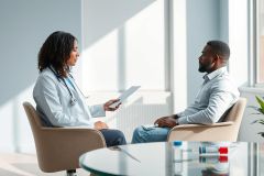 Doctor consults with a patient in a bright, modern medical office. The female doctor, wearing a white coat and stethoscope, reviews paperwork with a male patient seated across from her. Pills are visible on a nearby table. Healthcare, consultation, and medical examination themes.