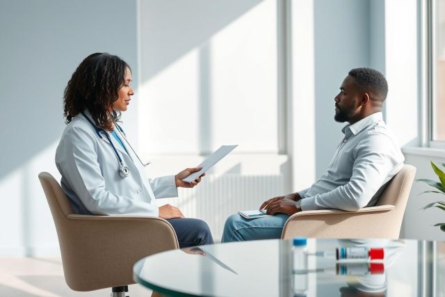 Doctor consults with a patient in a bright, modern medical office. The female doctor, wearing a white coat and stethoscope, reviews paperwork with a male patient seated across from her. Pills are visible on a nearby table. Healthcare, consultation, and medical examination themes.