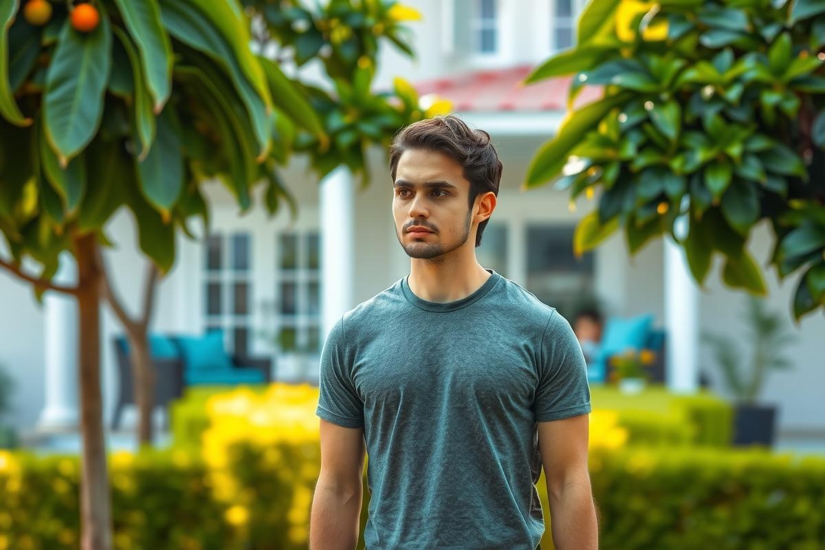 A young man stands confidently in front of a white building with a balcony. He is wearing a gray shirt and has short hair. Behind him, a garden area blooms with various green trees and colorful flowers. The bright daylight suggests the photo was taken outdoors during the day.