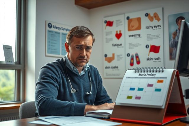 The image depicts a man, possibly in the medical profession, sitting at a desk. He is dressed in a dark-colored sweater and appears to be focused on his work. The man has short hair and looks slightly stressed or concerned while looking down at some papers on his desk.