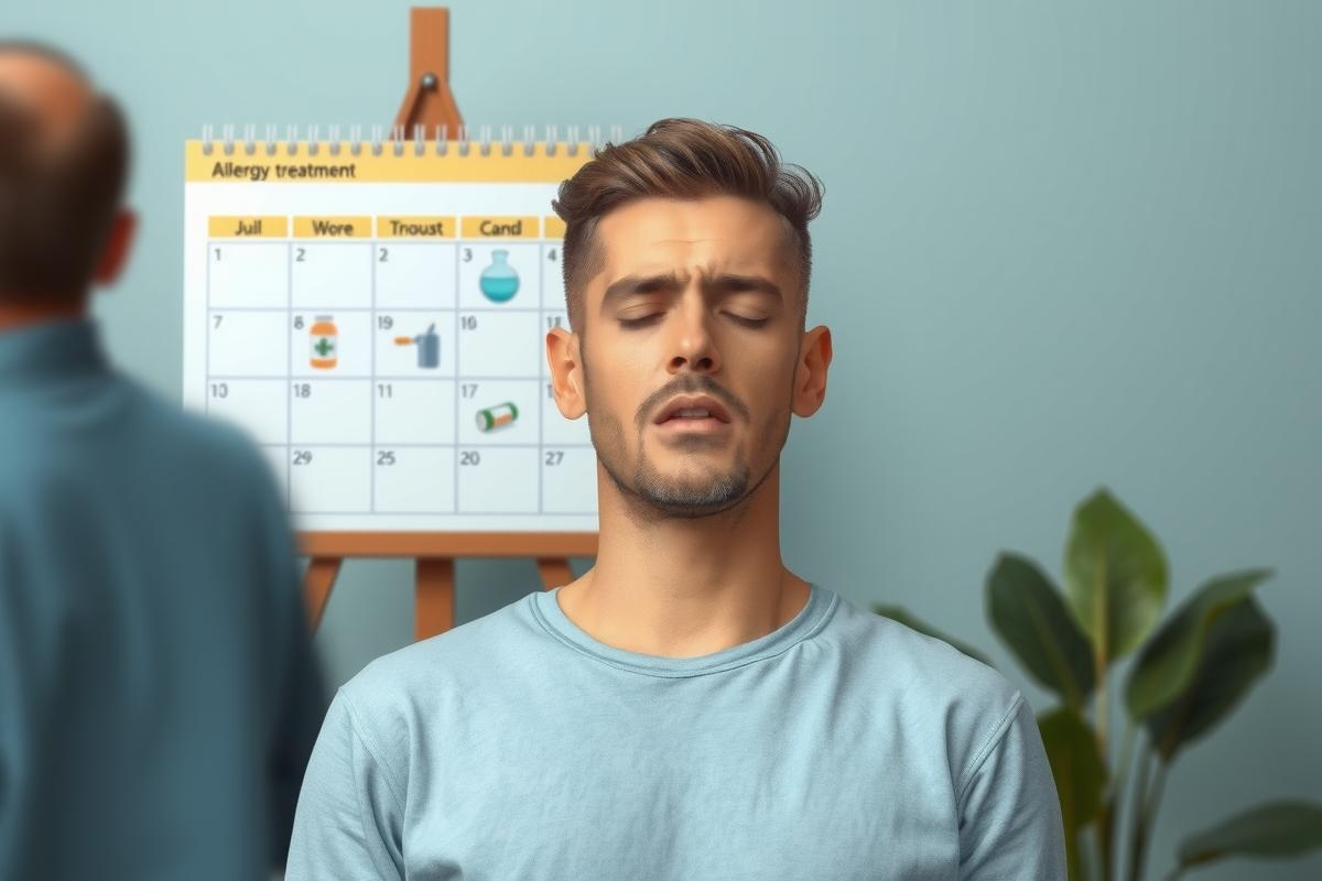 The image depicts a young man with his eyes closed, practicing deep breathing or meditation. He is seated in front of a desk that has a calendar open to the current month and various items scattered across it.