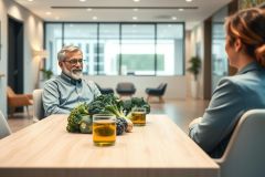 Senior man and woman seated at a wooden table, discussing healthy eating. Fresh broccoli and glasses of juice are present. Modern interior with large windows and a bright, airy feel. Focus on wellness, nutrition, and intergenerational connection.