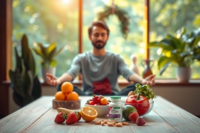 A man in a meditative pose surrounded by various fruits and nutritional supplements, creating an image of healthy living.
