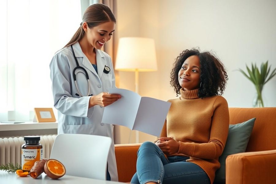 A doctor shows a patient a document during a home visit. The scene shows a warm, inviting living room with natural light, featuring a patient seated comfortably and the doctor in a white coat. 