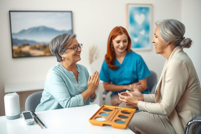 Senior woman engaging in cognitive therapy with a therapist, using a puzzle. Healthcare setting, warm lighting, focus on memory exercises and senior care.