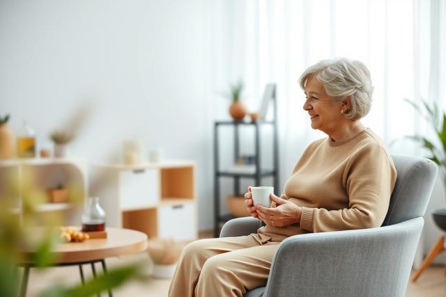 Smiling senior woman relaxing in a bright, modern living room. She's seated in a grey armchair, holding a white mug, with potted plants and a minimalist decor visible. Warm beige tones and natural light create a cozy, peaceful atmosphere. Retirement, aging, and comfortable home life themes.
