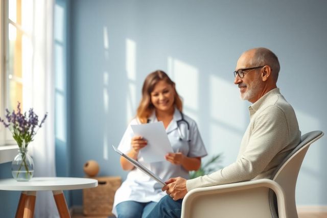 Doctor consults with a senior patient in a bright, modern room. Healthcare professional, medical examination, elderly care, friendly consultation, comfortable setting.