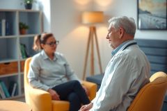 Senior man and woman in a modern living room, engaged in conversation. Warm yellow chairs, bookshelf background, natural light. Lifestyle, discussion, comfort, interior design.