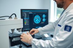 Scientist in a lab coat examines a brain scan on a computer monitor. The image depicts a medical research or diagnostic setting with a focus on neurological imaging and healthcare technology.
