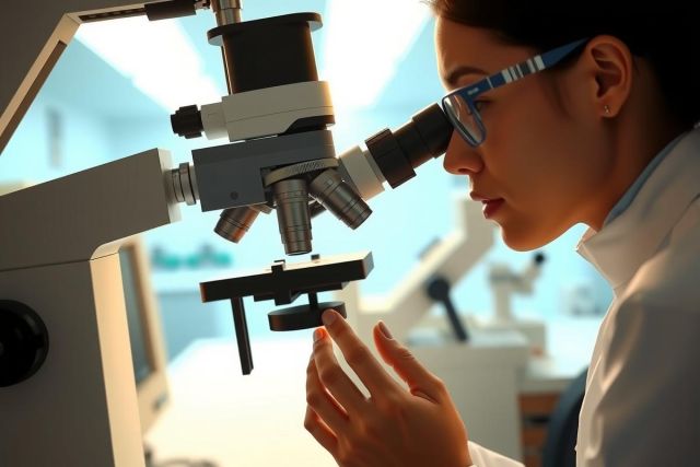 Scientist examining samples under a microscope in a lab. Focus on research, biology, and scientific analysis. Bright, clean environment.