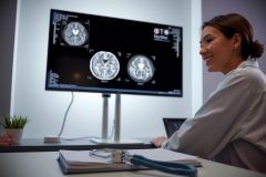 Doctor examining brain MRI scan on a monitor in a medical setting. Focus on diagnostic imaging and healthcare technology. White coat, medical equipment visible.