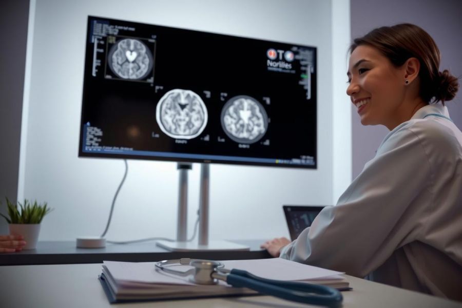 Doctor examining brain MRI scan on a monitor in a medical setting. Focus on diagnostic imaging and healthcare technology. White coat, medical equipment visible.