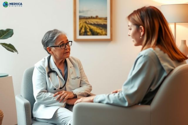 A doctor in a white coat sits with a patient, offering comfort. The scene suggests a medical consultation or therapy session in a warm, inviting office setting. Focus on healthcare, patient care, and empathy.