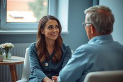 A healthcare professional in a blue uniform speaks with a patient in a bright, modern clinic setting. Natural light streams in through a window. The scene portrays a friendly and reassuring consultation.