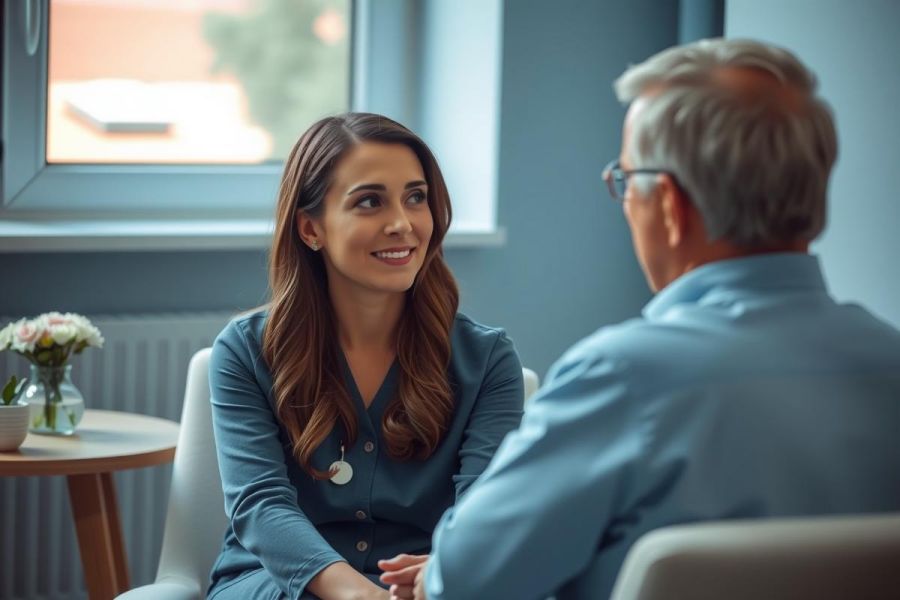 A healthcare professional in a blue uniform speaks with a patient in a bright, modern clinic setting. Natural light streams in through a window. The scene portrays a friendly and reassuring consultation.