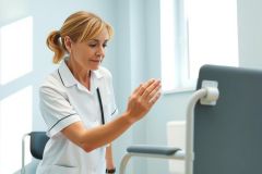 A healthcare professional in a white coat gestures in a medical office setting. The scene features a modern exam room with bright lighting and a focus on patient care and communication.