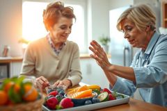 Two women in a bright kitchen preparing fruit. A table holds a variety of fresh berries, oranges, and kiwi. The scene shows a healthy lifestyle and potentially cooking or baking.