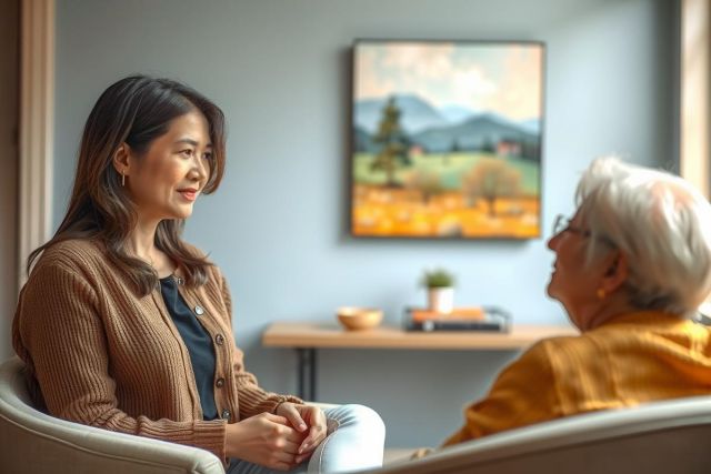 Two people engaged in conversation, seated comfortably in a warmly lit room with a view. The scene evokes feelings of connection and tranquility.