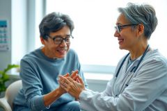 Doctor consults with a patient in a brightly lit office. The doctor wears a white coat and stethoscope, while the patient is seated comfortably. A warm and professional healthcare setting.