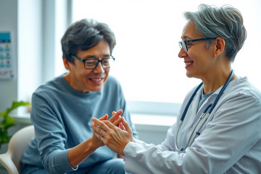 Doctor consults with a patient in a brightly lit office. The doctor wears a white coat and stethoscope, while the patient is seated comfortably. A warm and professional healthcare setting.