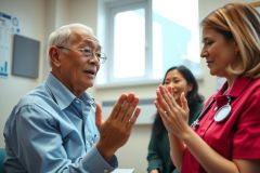 Senior man speaking with a healthcare professional in an office setting. The image depicts a patient consultation or discussion, with a focus on health and wellness. Bright lighting and a friendly atmosphere are evident.